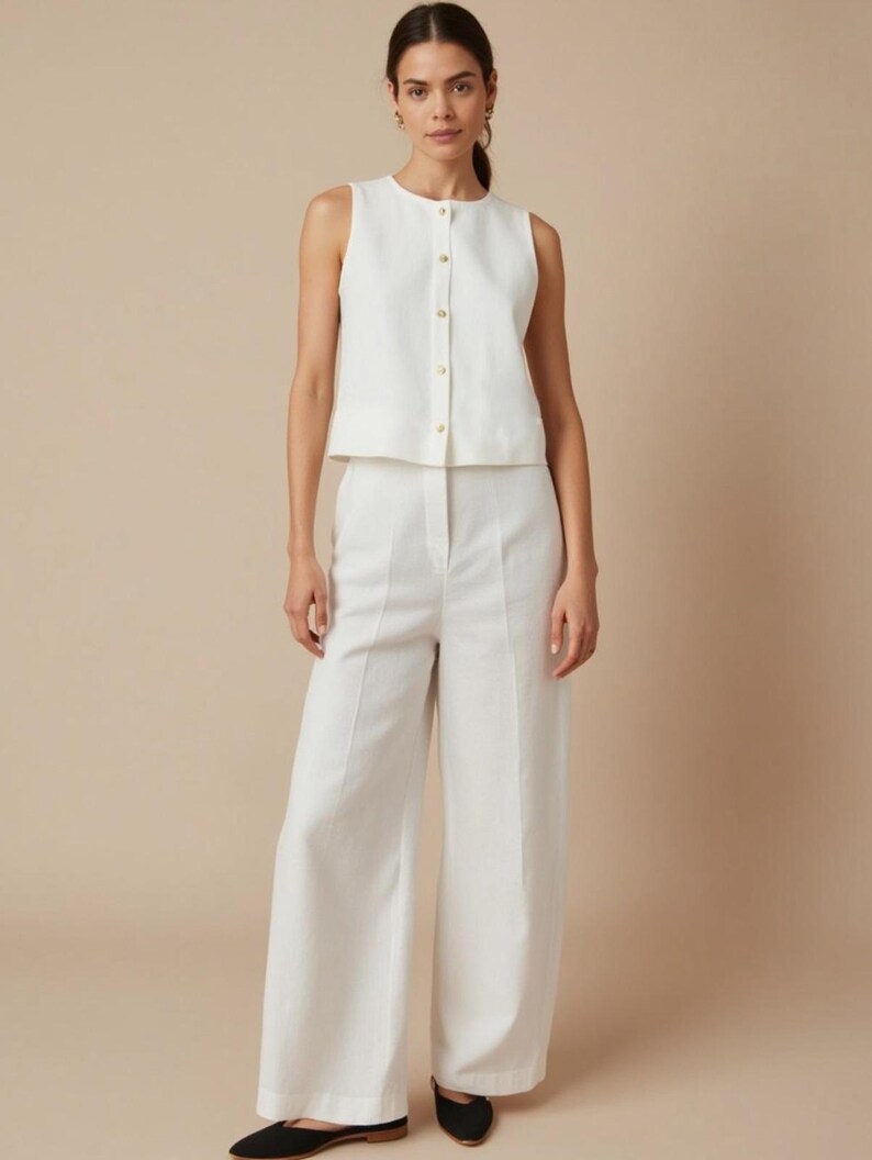 Pu&ograve; includere: Un top bianco senza maniche con bottoni dorati e pantaloni a gamba larga abbinati. L'outfit &egrave; realizzato in un tessuto strutturato e abbinato a ballerine nere. L'ensemble &egrave; in stile monocromatico e minimalista.