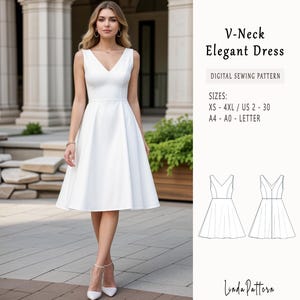 Patrón de costura para vestido con escote en V, patrón de vestido fácil, vestido de noche, vestido sin mangas, patrón de vestido circular, vestido de fiesta, tallas: XS-4XL-Carta