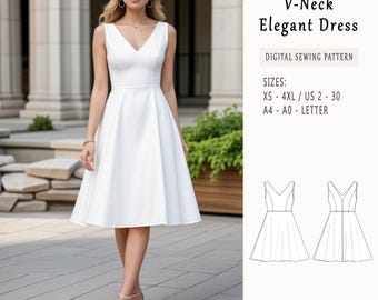 V-Neck Dress Sewing Pattern, Easy Dress Pattern, Evening Dress, Sleeveless Dress, Circle Dress Pattern, Prom Dress, Sizes; XS-4XL-Letter