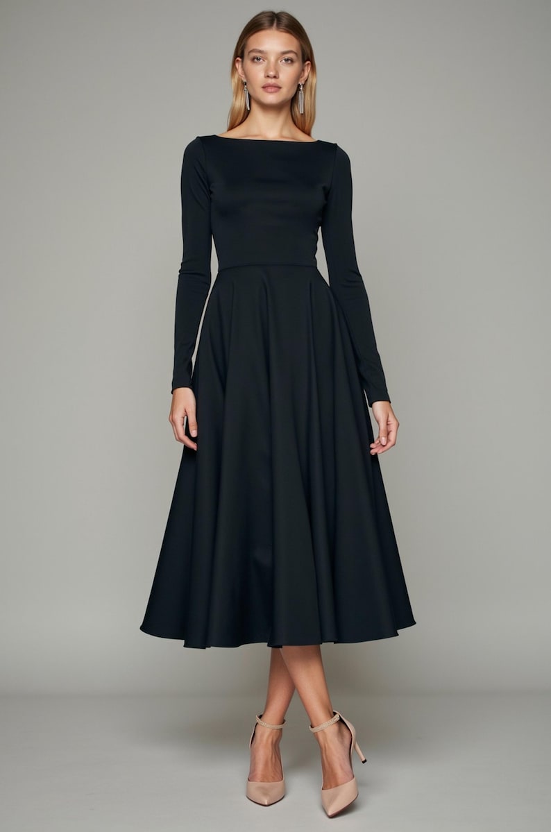 Boat Neck Long Sleeve Midi Dress Sewing Pattern, Easy Dress Pattern