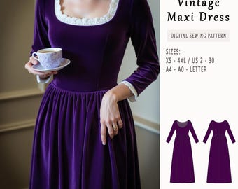 1950s Vintage Maxi-Kleid Schnittmuster, U-Ausschnitt (PDF Pattern)