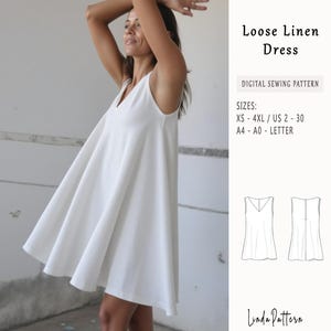 Pode incluir: Um padrão de costura digital para um vestido solto de linho. O padrão inclui os tamanhos XS-4XL e está disponível nos tamanhos portugueses 2-30. O padrão também está disponível nos tamanhos A4, A0 e Carta.