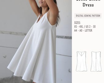 Puede incluir: Un patrón de costura digital para un vestido suelto de lino. El patrón incluye las tallas XS-4XL y está disponible en tallas españolas 2-30. El patrón también está disponible en los tamaños A4, A0 y Carta.