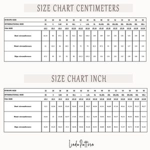 May include: Size chart in centimetres and inches for clothing sizes. The chart shows European sizes, international sizes, and US sizes. The chart includes bust, waist, and hip measurements.