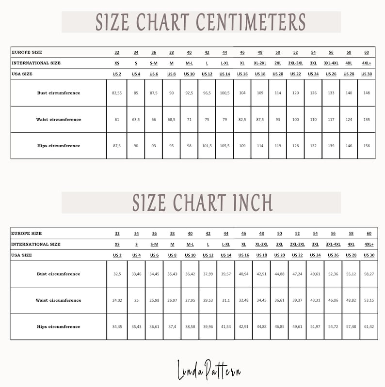 May include: Size chart in centimetres and inches for clothing sizes. The chart shows European sizes, international sizes, and US sizes. The chart includes bust, waist, and hip measurements.