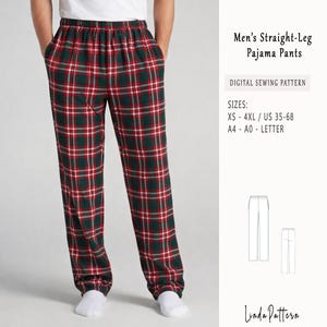 以下が含まれることがあります： 赤、緑、白のチェック柄のストレートレッグパジャマパンツ。パンツは伸縮性のあるウエストバンドが付いています。画像には「Men's Straight-Leg Pajama Pants」というテキストとサイズ情報：XS-4XL / US 35-68が含まれています。