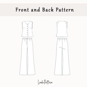 Pu&ograve; includere: Disegno a tratto di un top senza maniche e pantaloni a gamba larga, che mostra i modelli anteriori e posteriori. Il top ha un'abbottonatura. Il testo "Front and Back Pattern" &egrave; in alto e la firma "Linda Pattern" &egrave; in basso.