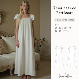 May include: A digital sewing pattern for a Renaissance petticoat. The pattern includes sizes XS-4XL and US sizes 2-30. The pattern is available in A4, A0, and Letter sizes.