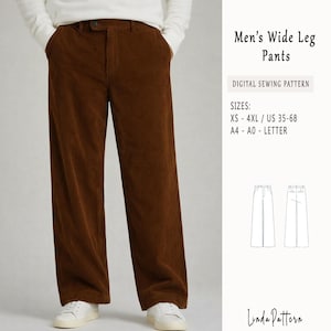 Puede incluir: Pantalones de pana marrón de pierna ancha. Los pantalones se muestran en una persona que lleva un suéter blanco y zapatillas blancas. La imagen incluye el texto "Men's Wide Leg Pants" y "DIGITAL SEWING PATTERN". Se enumeran las tallas XS-4XL / US 35-68.