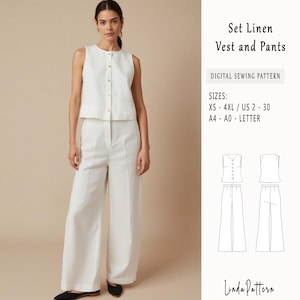 Sleeveless Linen Vest Sewing Pattern, Linen Summer Set,Bohemian Set,Button Linen Vest, ,Trousers Sewing Pattern,Wide Leg Pants Pattern Pants