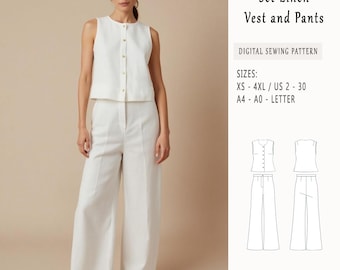 Sleeveless Linen Vest Sewing Pattern, Linen Summer Set,Bohemian Set,Button Linen Vest, ,Trousers Sewing Pattern,Wide Leg Pants Pattern Pants