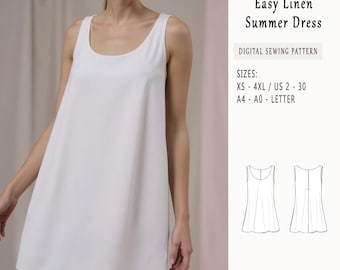 Linen Mini Shift Dress Sewing Pattern, Scoop Neck (PDF Digital) XS-5XL