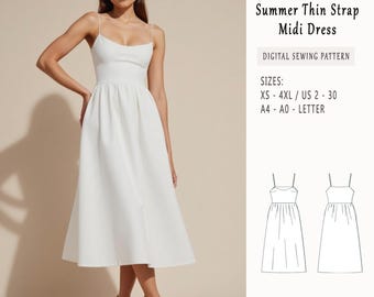 Linen Summer Midi Dress Sewing Pattern, Straps, Full Circle (PDF Pattern)