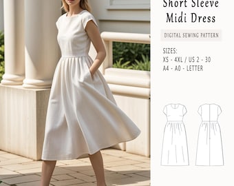 Vestido largo de lino de manga larga, patrón de costura de vestido de verano de lino fruncido, talle imperio, patrón de vestido de verano, vestido de lechera, vestido circular XS-4XL