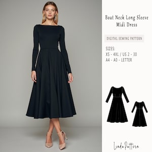 Könnte beinhalten: Ein digitales Schnittmuster für ein schwarzes Midi-Kleid mit Boot-Ausschnitt und langen Ärmeln. Das Schnittmuster umfasst die Größen XS-4XL, die deutschen Größen 34-52 und Druckoptionen für A4, A0 und Letter. Das Schnittmuster steht zum Download bereit.
