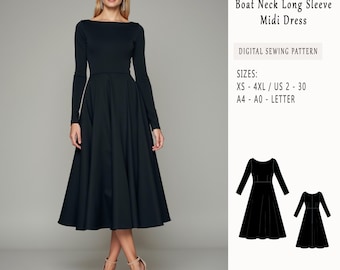 U-Boot-Ausschnitt Langarm-Midikleid Schnittmuster, einfaches Kleid Schnittmuster, Abendkleid, Cocktailkleid, Kreiskleid, Sommerkleid, XS-4XL