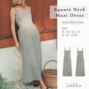 Vestido largo de escote cuadrado, patrón de costura en PDF para vestido de cuadros vichy, costura digital, vestido de verano para mujer, adecuado para formato carta estadounidense A4-A0