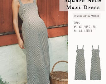 Gingham Maxi Dress Sewing Pattern, Square Neck (PDF Pattern)