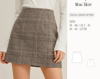 May include: A brown plaid mini skirt with a high waist, paired with a white long-sleeve top. The skirt features a classic plaid pattern in shades of brown and gray. The image also includes text that reads "Easy Mini Skirt" and "Digital Sewing Pattern."