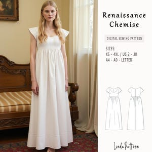 Puede incluir: Un patrón de costura de camisón blanco de estilo renacentista, disponible para descarga digital. El patrón incluye las tallas XS-4XL y las tallas estadounidenses 2-30. El patrón está disponible en los tamaños A4, A0 y Carta.