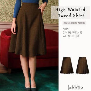 Patrón de costura de falda midi de tweed de cintura alta, patrón de falda acampanada midi vintage Cottagecore, adecuada para tamaño de carta de EE. UU. A0, A4, del 2 al 30 de EE. UU.