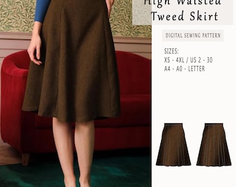 Patrón de costura para falda midi de tweed de cintura alta, patrón de falda acampanada midi vintage estilo cottagecore, adecuada para tallas A0 y A4 (carta estadounidense, del 2 al 30 de EE. UU.)