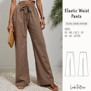 May include: A digital sewing pattern for elastic waist pants. The pattern includes sizes XS-4XL, US 2-30, and A4-A0 letter sizes. The pattern is illustrated with a line drawing of the pants.
