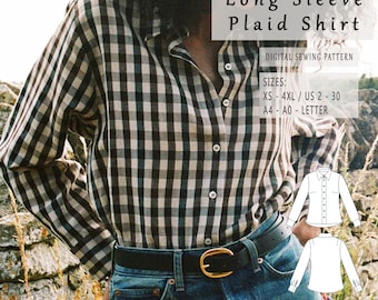 Patrón de costura para camisa a cuadros de manga larga Anni, tallas XS-4XL (descarga digital)