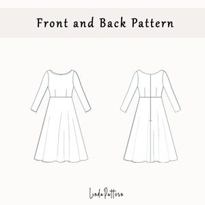 May include: Line drawing of a dress pattern for the front and back of a dress. The dress has a round neckline, long sleeves, and a fitted bodice. The skirt is a-line and falls to the knee. The text "Front and Back Pattern" is at the top of the image. The text "Linda Pattern" is at the bottom of the image.