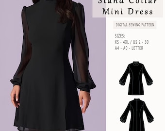 Stand Collar Mini Dress PDF Sewing Pattern (US Letter-A4-A0)