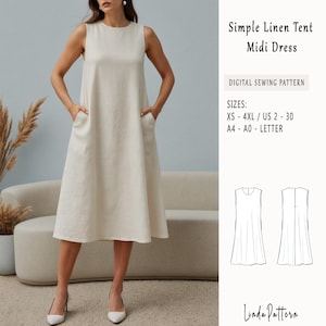 May include: A digital sewing pattern for a simple linen tent midi dress. The pattern includes sizes XS-4XL, US 2-30, and A4-A0 letter sizes. The pattern is shown on a white background with a line drawing of the dress.