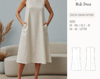 Ärmelloses Leinenkleid Schnittmuster, einfaches Nähen Kleid, PDF Schnittmuster, Leinen Kleid mit langen Taschen, Boho Midi Kleid, lockeres Kleid Schnittmuster, XS bis 4XL