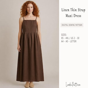 Może przedstawiać: Brązowa lniana sukienka maxi z cienkimi ramiączkami. Sukienka ma marszczoną talię i zwiewną spódnicę. Obraz zawiera tekst "Linen Thin Strap Maxi Dress" i "Digital Sewing Pattern". Rozmiary XS-4XL/US 2-30 są wymienione.