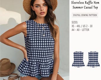 Peplum Ruffle Top Sewing Pattern, Sleeveless Women Top Pattern,  Ruffled Top, Crop Top Pattern for Women, Blouse Sewing Pattern XS-4XL