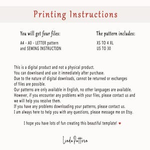 Pu&ograve; includere: Immagine di un prodotto digitale con il titolo "Printing Instructions" in un carattere bordeaux. Il testo descrive i file inclusi, le taglie dei modelli e le informazioni sul prodotto digitale. L'immagine include anche il nome del negozio, "Linda Pattern."