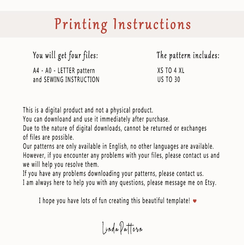 Pu&ograve; includere: Immagine di un prodotto digitale con il titolo "Printing Instructions" in un carattere bordeaux. Il testo descrive i file inclusi, le taglie dei modelli e le informazioni sul prodotto digitale. L'immagine include anche il nome del negozio, "Linda Pattern."