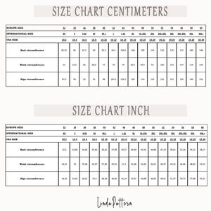 May include: Size chart in inches and centimeters for clothing sizes. The chart includes European sizes, international sizes, and US sizes. The chart lists bust, waist, and hip measurements.