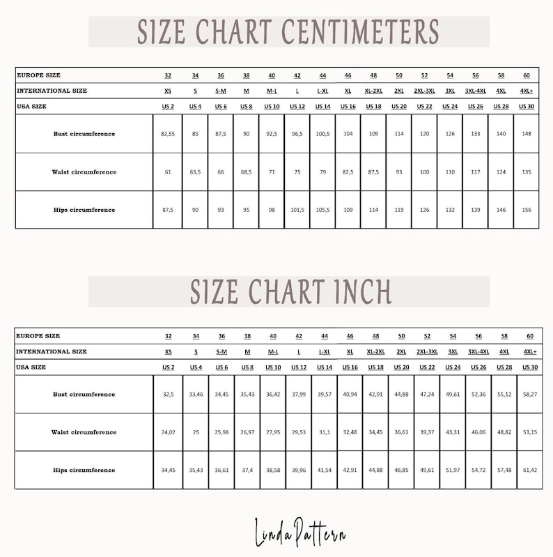 May include: Size chart in inches and centimeters for clothing sizes. The chart includes European sizes, international sizes, and US sizes. The chart lists bust, waist, and hip measurements.