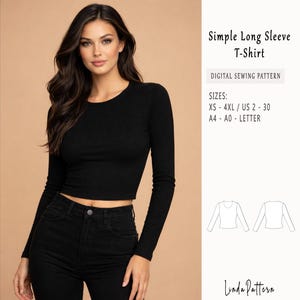 May include: A black, long-sleeved crop top with a crew neck, worn with black jeans. The image includes text: "Simple Long Sleeve T-Shirt" and "Digital Sewing Pattern". Sizes are listed as XS-4XL/US 2-30, A4-A0-LETTER.