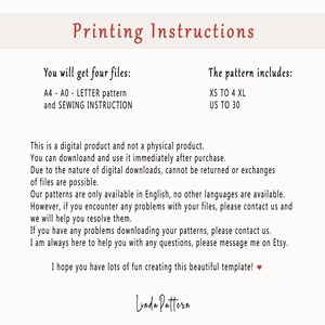 May include: A digital download for a sewing pattern. The pattern includes sizes XS to 4XL and US sizes 30. The text on the image reads "Printing Instructions" and "You will get four files: A4 - A0 - LETTER pattern and SEWING INSTRUCTION". The pattern includes sizes XS to 4XL and US sizes 30.