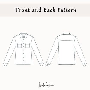 May include: Line drawing of the front and back pattern for a long-sleeved shirt with a button-up front, two chest pockets, and a collar.