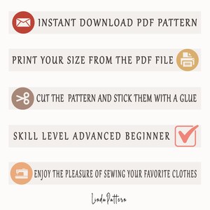 May include: A graphic with instructions for sewing a pattern. The graphic includes icons for downloading, printing, cutting, and sewing. The text reads "INSTANT DOWNLOAD PDF PATTERN", "PRINT YOUR SIZE FROM THE PDF FILE", "CUT THE PATTERN AND STICK THEM WITH A GLUE", "SKILL LEVEL ADVANCED BEGINNER", and "ENJOY THE PLEASURE OF SEWING YOUR FAVORITE CLOTHES". The graphic also includes the text "Linda Pattern".