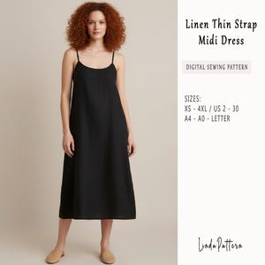 Könnte beinhalten: Ein schwarzes Midi-Kleid aus Leinen mit dünnen Trägern. Das Kleid wird von einer Person getragen. Der Text auf dem Bild lautet "Linen Thin Strap Midi Dress" und "Digital Sewing Pattern". Größen sind XS-4XL/US 2-30 und A4-A0-Letter.