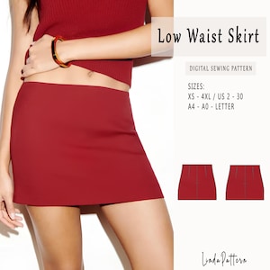 Puede incluir: Un patrón de costura digital para una falda de cintura baja. El patrón incluye las tallas XS-4XL, las tallas españolas 34-52 y las opciones de impresión para los formatos de papel A4, A0 y Letter.
