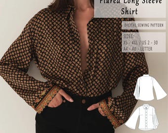 Patrón de costura para camisa acampanada de manga larga Anni, tallas XS-4XL (patrón en PDF)