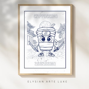 Póster viral de "Brainrot italiano", arte mural de "Cappuccino Assassino", divertido arte minimalista de línea azul, impresión viral de meme de TikTok para decoración del hogar.