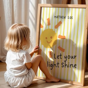Matthew 5 16 Wall Art, Let Your Light Shine Print, Yellow Striped Scripture Poster, Modern Pinstripe Nursery Decor, Christian Sunshine Art