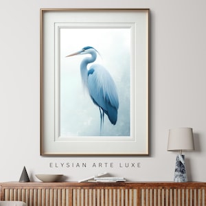 Blue Heron Wall Art, Grandmillenial Wall Art, Soft Pastel Bird Painting, Elegant Blue Heron Art Print, Minimal Coastal Cottage Style Print