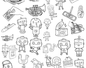 May include: Black and white line art illustration of various objects including robots, musical instruments, a submarine, a can of food, a mop, a phone, a rooster, a bottle of wine, a cake, and a cash register.