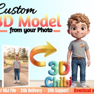 May include: A digital 3D chibi character model of a young person with curly brown hair, wearing a gray t-shirt with a fox graphic and blue jeans. The image includes a reference photo of a child and the text Custom 3D Model from your Photo.